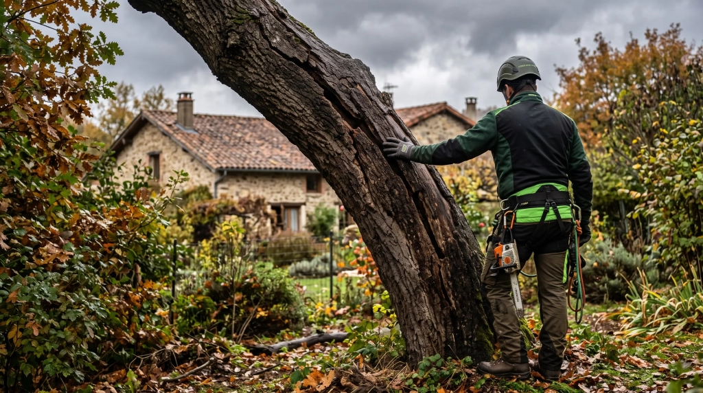 Élagueur inspectant le tronc fissuré d’un arbre dangereux dans un jardin du Nord-Isère