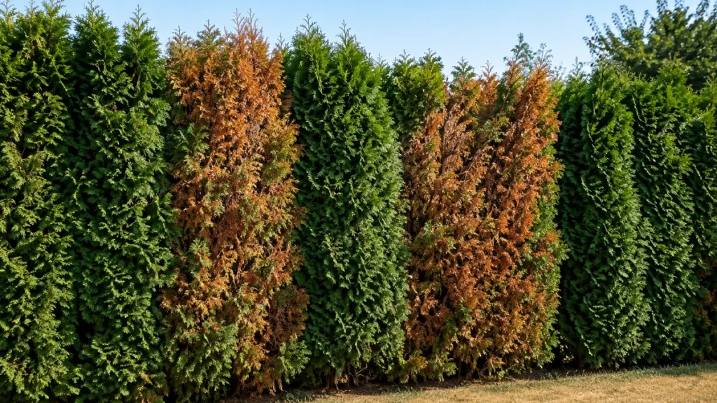 Haie de thuyas qui brunit par plaques à côté de sujets encore verts