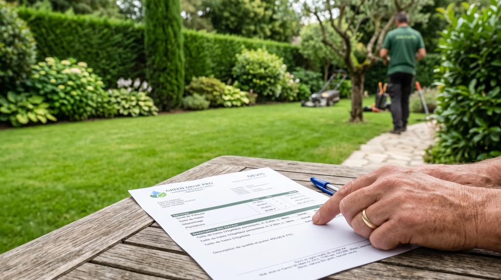 Devis de paysagiste posé sur une table de jardin pour comparer le tarif horaire