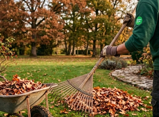 Ramassage des feuilles mortes par un paysagiste des Abrets à l’automne