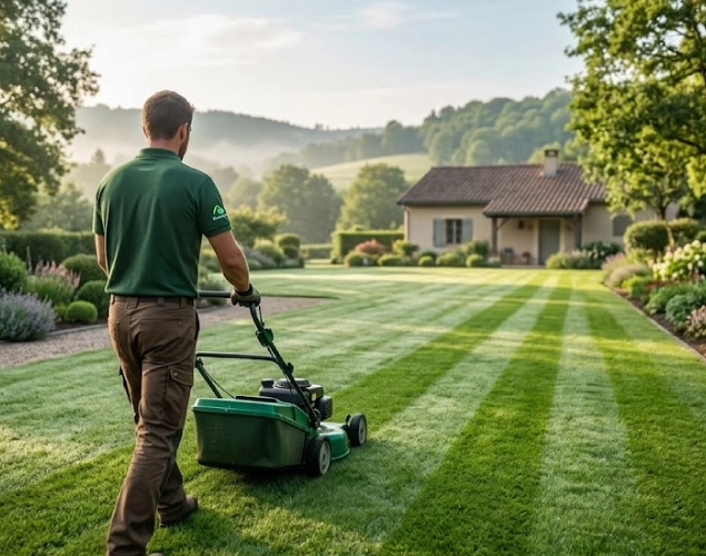 Tonte d’une pelouse dans le cadre d’un contrat d’entretien de jardin aux Abrets