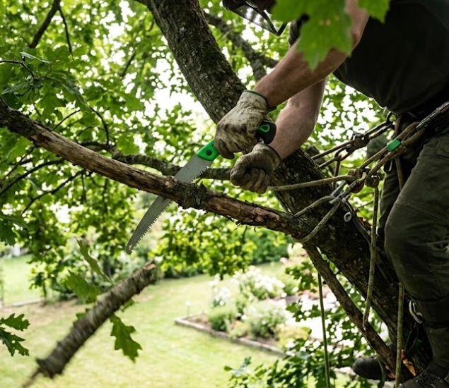 Élagage d’un arbre de jardin par un paysagiste des Abrets en Nord-Isère
