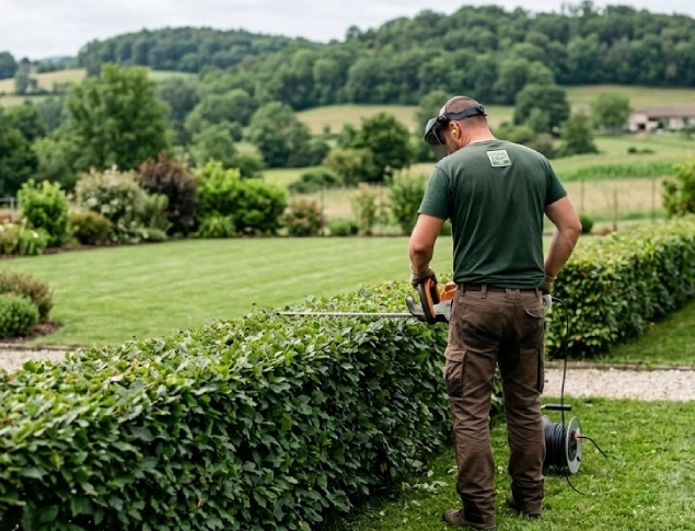 Jardinier paysagiste taillant une haie de jardin aux Abrets en Nord-Isère