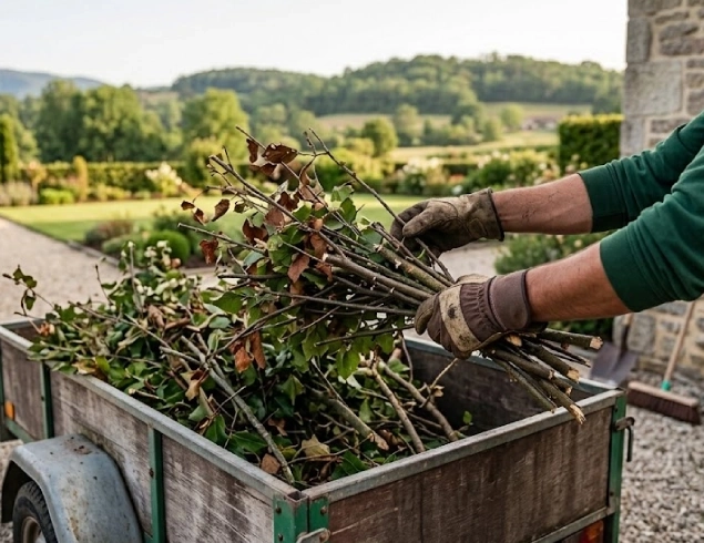 Paysagiste des Abrets chargeant des déchets verts après une intervention au jardin