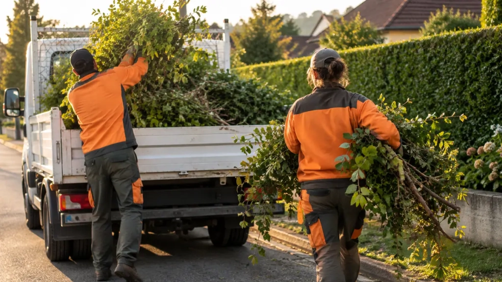 Équipe de jardiniers chargeant les déchets de taille de haies dans un utilitaire