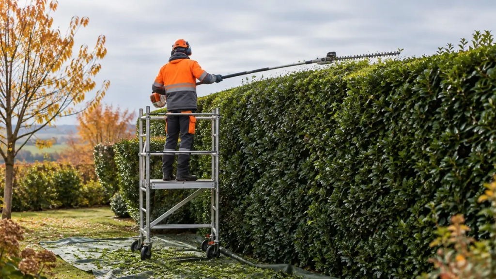 Jardinier professionnel taillant une haie brise-vue depuis une plateforme en Nord-Isère